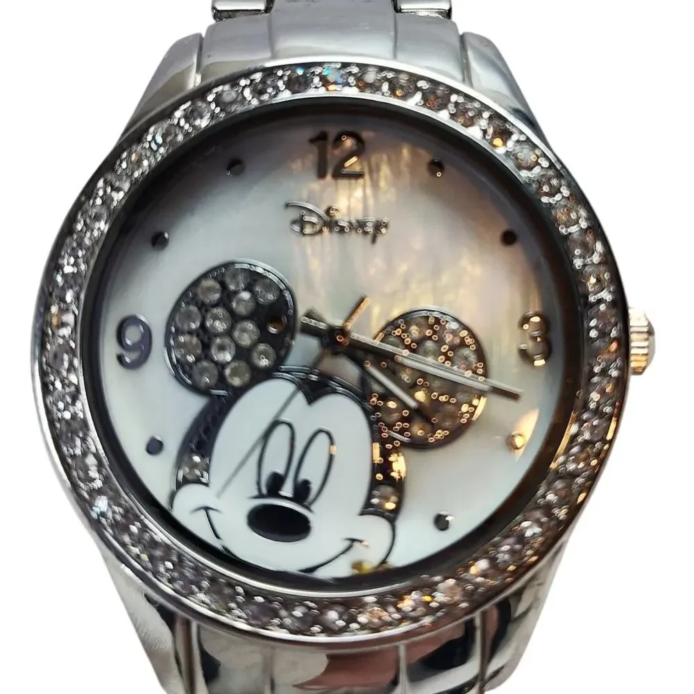 Disney Mickey Mouse Rhinestone Bezel Watch Silver Tone Bracelet